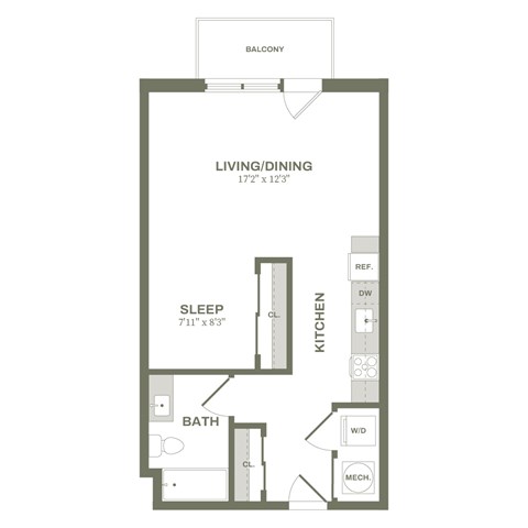 Floor plan for studio, 1 bath, 560 sqft